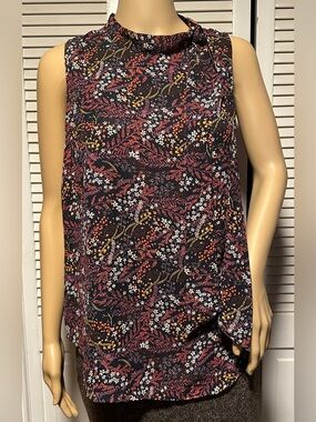 Loft Satin Sleeveless Tie-Neck Blouse Black Floral Women’s Medium